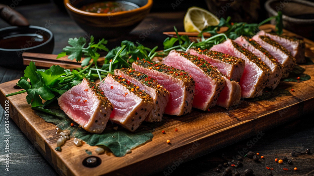 Close Up Still Life of Roasted Tuna Steaks with Sesame Seeds on Wooden Surface. Created using Generative AI technology.