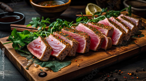 Close Up Still Life of Roasted Tuna Steaks with Sesame Seeds on Wooden Surface. Created using Generative AI technology.
