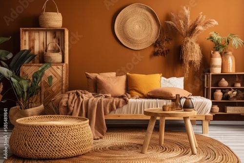 Living room design with dried leaf in vase, rattan baskets, plant, wooden wall, and accessories. bed. bohemian decor. 2023 color trend. Generative AI