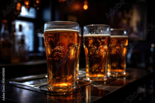 beautiful cold beer in glasses on the bar in the nightclub on wooden table generative ai