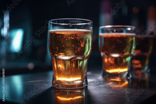 beautiful cold beer in glasses on the bar in the nightclub on wooden table generative ai