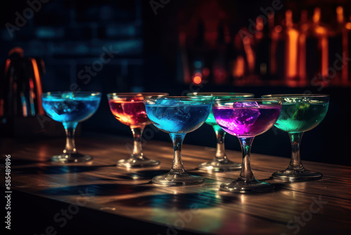 beautiful bright cocktails on the bar in the nightclub on wooden table generative ai