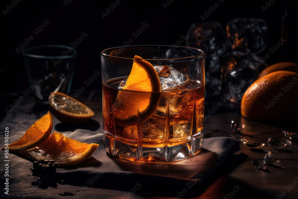 Old fashioned rum drink on ice with orange zest garnish bright cocktails on the bar generative ai Old fashioned rum drink on ice with orange zest garnish bright cocktails on the bar generative ai