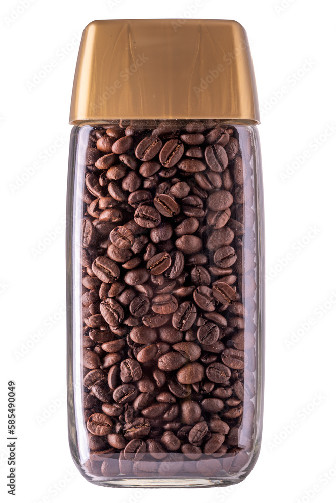 Roasted coffee beans in glass jar with plastic cap isolated Roasted coffee beans in glass jar with plastic cap isolated