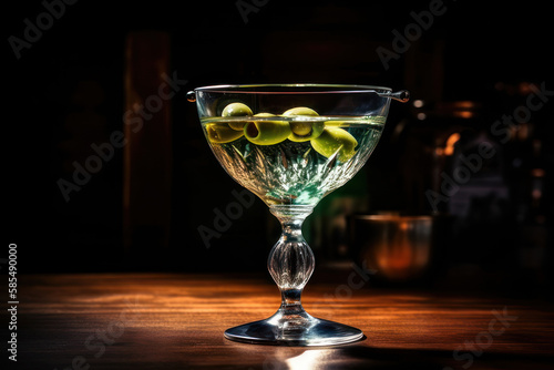  Dry martini with green olives bright cocktails on the bar generative ai