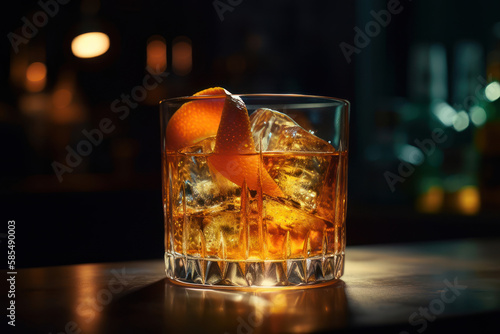Old fashioned rum drink on ice with orange zest garnish bright cocktails on the bar generative ai