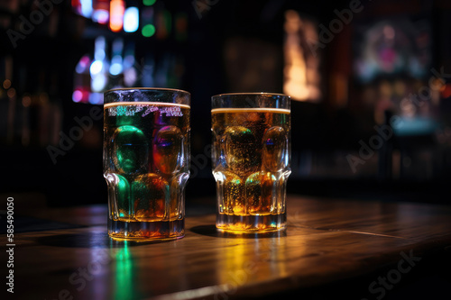 beautiful cold beer in glasses on the bar in the nightclub on wooden table generative ai