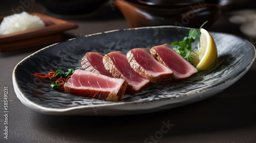 Close Up Still Life of Roasted Tuna Steaks with Sesame Seeds on Ceramic Plate. Created using Generative AI technology.