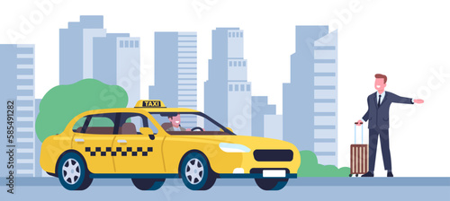 Man tries to catch taxi in street by raising his hand. Cab calling. Transportation by automobile. Car driver and passenger. Businessman in suit with baggage. Auto service. Vector concept