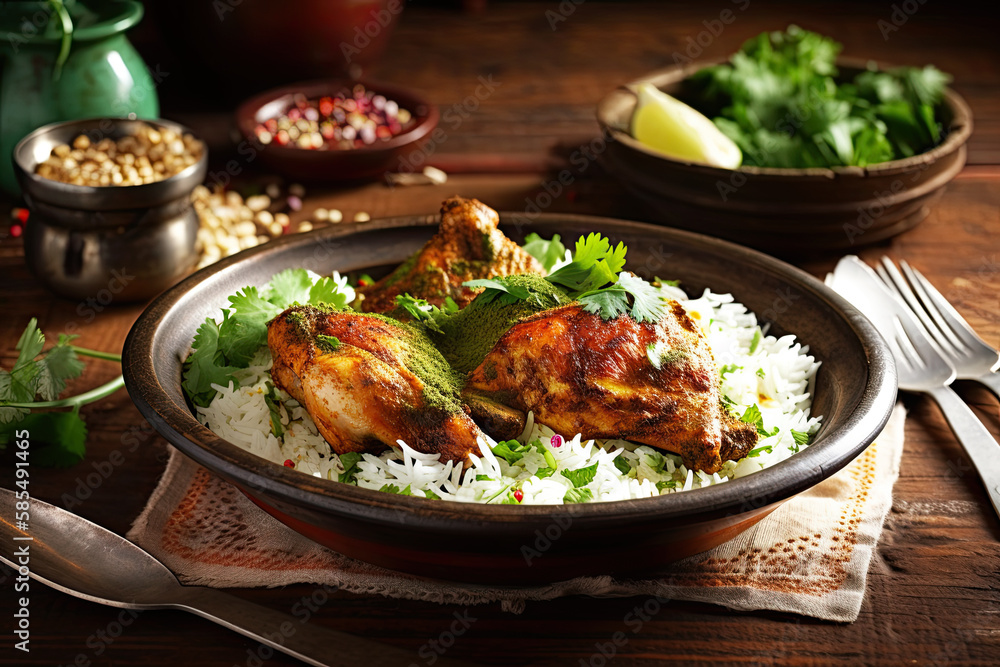 Indian Tandoori Chicken with Basmati rice, Indian cuisine, Generative AI