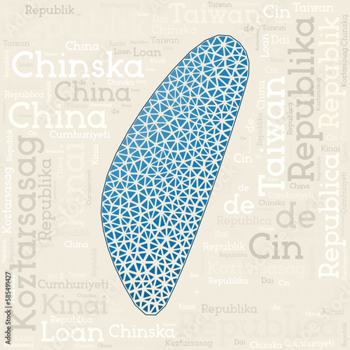 Taiwan map design. Country names in different languages and map shape with geometric low poly triangles. Elegant vector illustration of Taiwan.