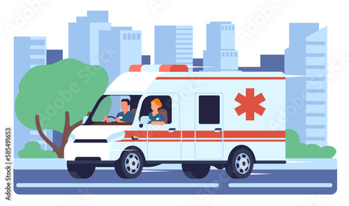 Medical car with alarm goes down metropolitan street. Ambulance vehicle driving down highway. City buildings and road. Hospital transport. Doctors in clinic automobile. Vector concept