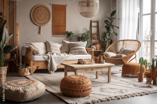 Scandinavian style home decor with natural wooden furnishings . Generative AI