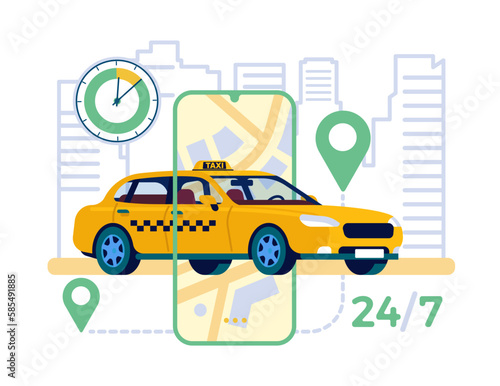Online taxi calling service on mobile app. Yellow vehicle and location on map. Cab order application. Automobile city transportation. Car driving route and time tracking. Vector concept