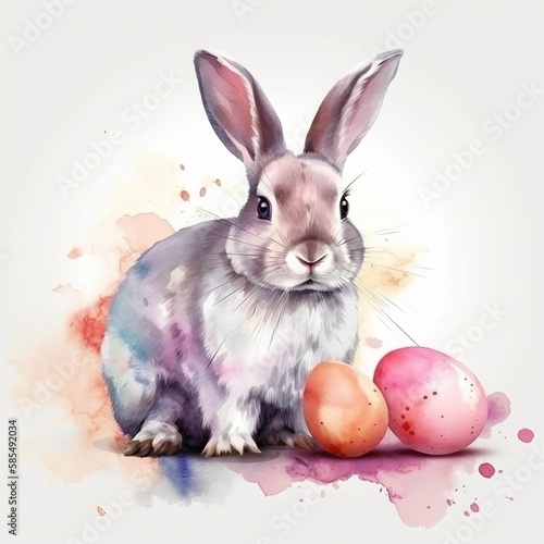rabbit and eggs easter watercolor Generative AI