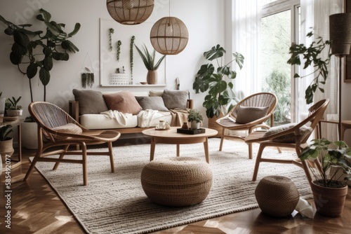 Beautiful living room with wooden chairs and houseplants. Generative AI