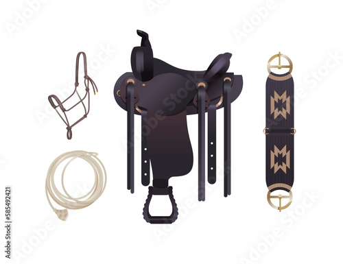 Western style horse tack, black cowboy saddle with cinch, rope halter and lasso