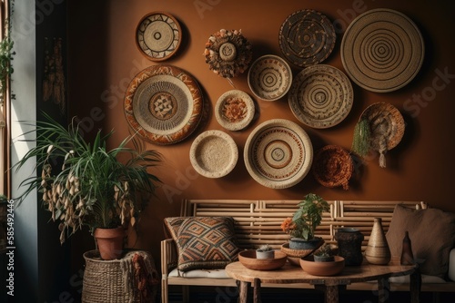Contemporary house decor. Boho house décor with ornamental straw plates on the wall. Generative AI