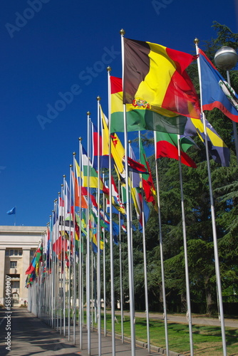 National flags gallery at entrance to UN in Geneva