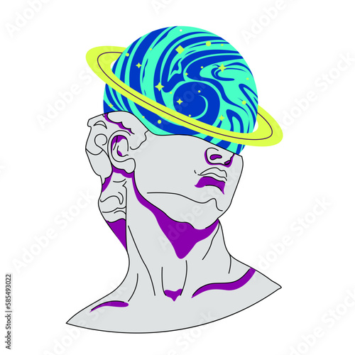 Abstract greek asid ancient sculpture David. Vector illustrations of modern statues. Punk culture inspired. Sculpture illustration with neon head David In Techno style. Urban street style vaporwave