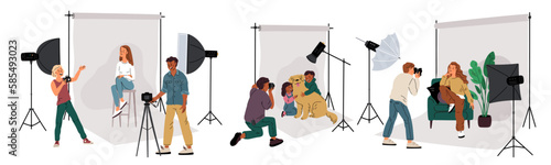 Photo studio. People work with professional photographers. Children or animals pose for pictures. Photographic backstage and spotlights. Cameraman shooting snapshots. Garish vector set