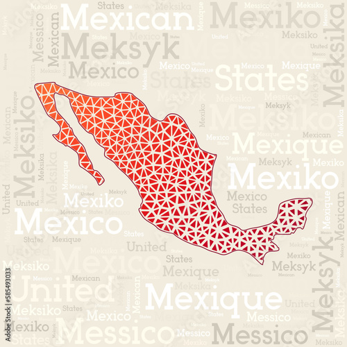 MEXICO map design. Country names in different languages and map shape with geometric low poly triangles. Captivating vector illustration of Mexico.
