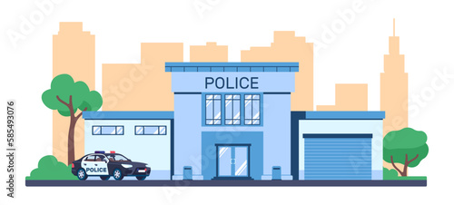 Police station. City building and car. Law security and investigation. Emergency service. Cops department architecture facade. Patrol automobile. Policemen office house. Vector concept