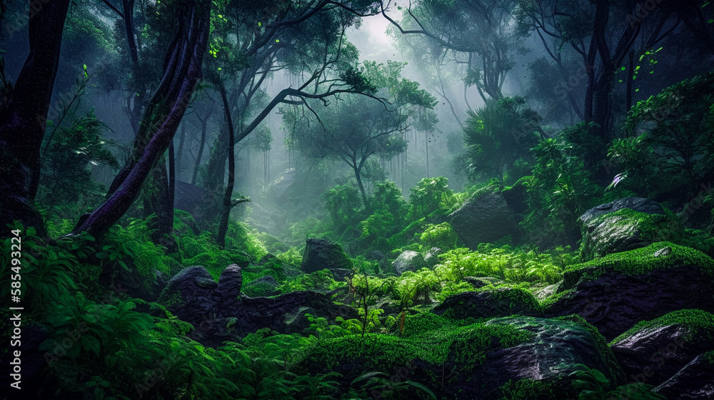 Fototapeta premium Green Tropical Forest During Monsoon, Rainy Weather and Lush Foliage. Generative AI.
