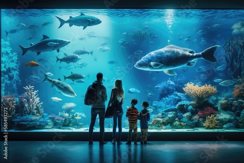Tourists exploring sea life in public aquarium museum