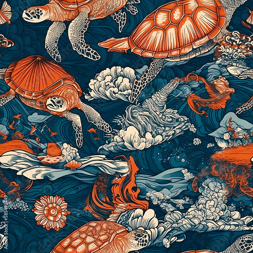 Underwater Paradise Packaging Tile Pattern This stunning seamless tile pattern features sea turtles, coral, and fish in a beautiful underwater paradise design. Perfect for eco-friendly packaging