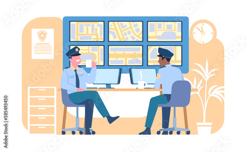 Security guards in control room look at screens of CCTV cameras. Police officers sitting at monitoring monitors. Video surveillance service. City secure supervision. Vector concept