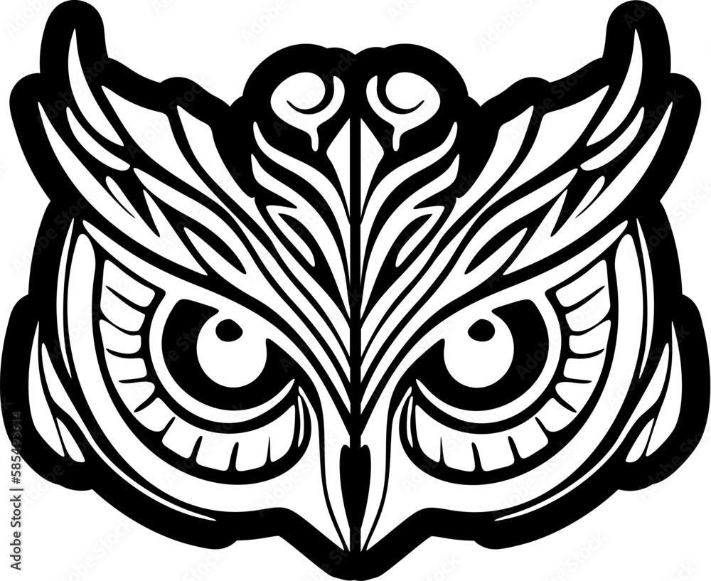 ﻿Owl's face w/ black & white tattoo featuring Polynesian designs.