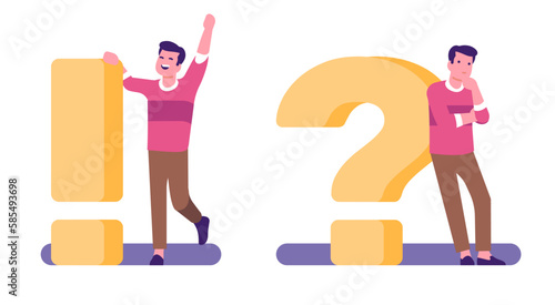 Thinking and doubting man is next to big question or exclamation marks. Punctuation symbols. Interrogative or exclamative icons. Happy guy. Thoughtful male. Vector emotion expressions set