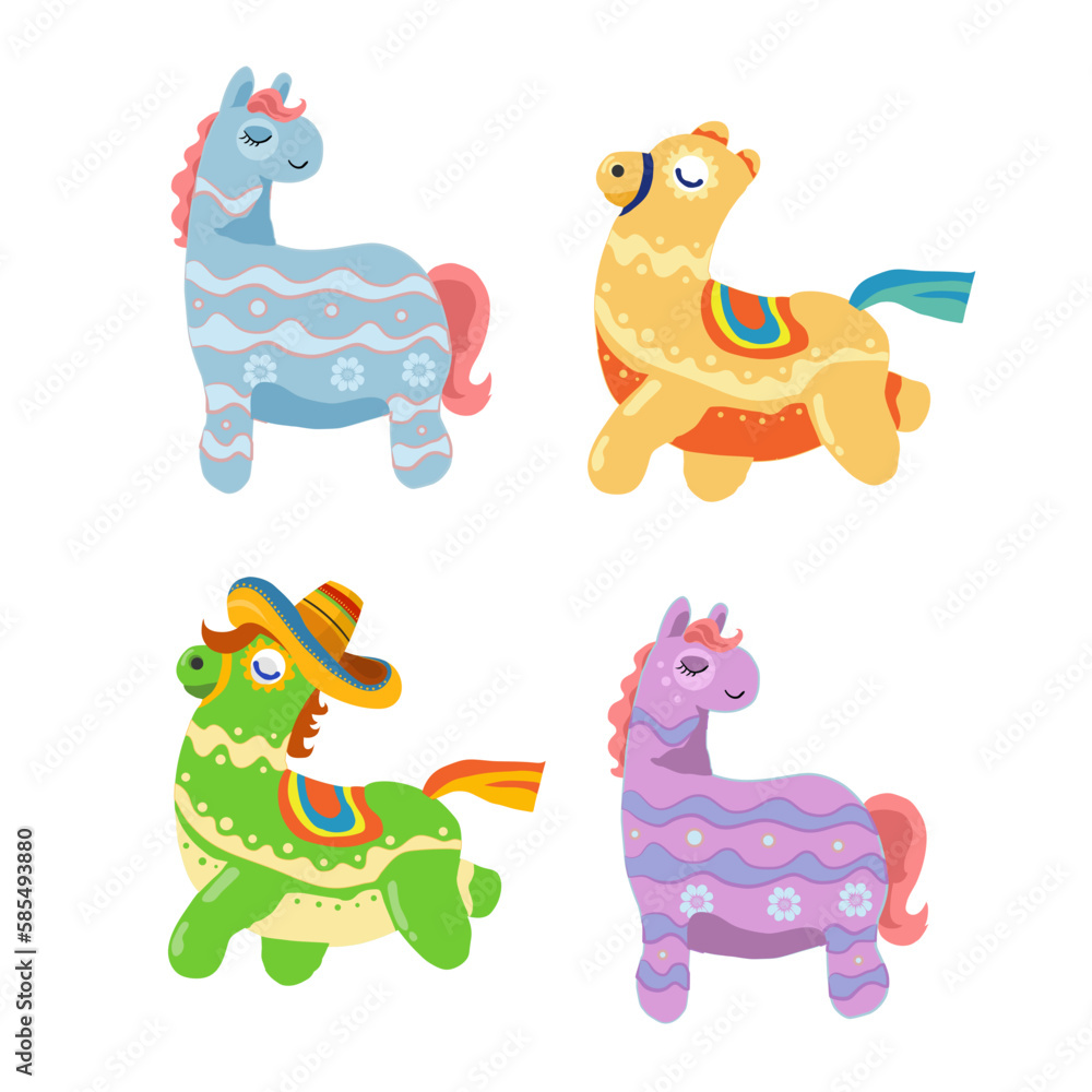 Colorful Mexican Piñata Shaped Like a Pony -  set of vector illustration