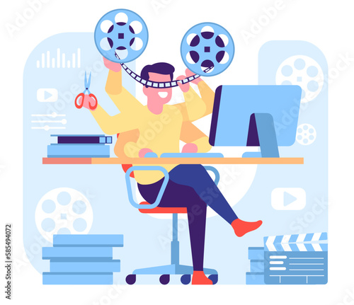 Video editor. Process of film editing. Filmmakers work. Man cutting movie tape. Cinematography producer and director. Male redacting filmstrip. Computer monitor on table. Vector concept