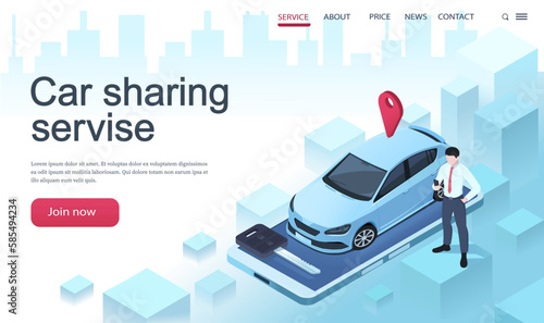 Car sharing service concept. Auto key on mobile phone application for car rental. Man is booking or hire car for transportation in city. Isometric image for traveling in cityscape. Vector illustration