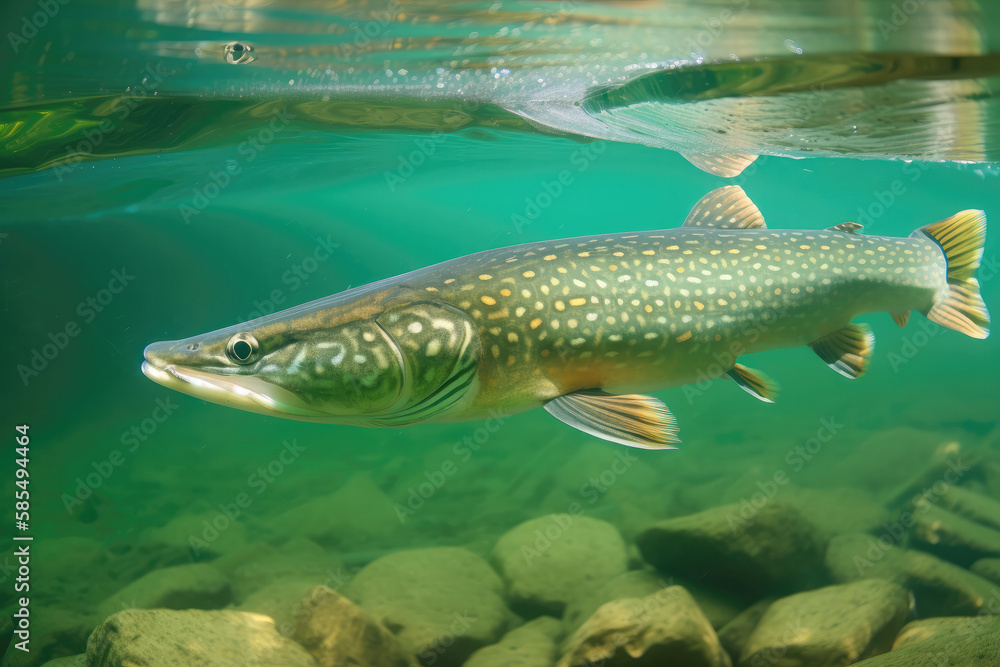 Naklejka premium Pike underwater in the wild created with Generative AI technology.
