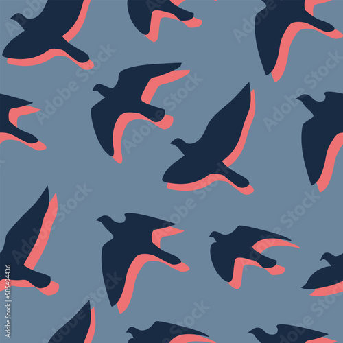 Birds flying at sunset with pink shadow, shape, silhouette of a seagull, vector repeating seamless pattern design, flat illustration for home, blue colors, wings