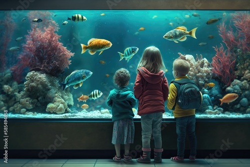 Tourists exploring sea life in public aquarium museum