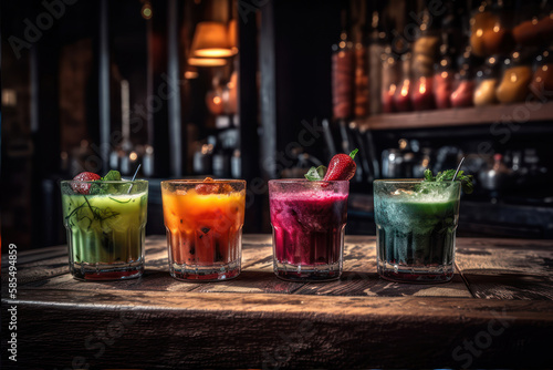  Ice Healthy fruit and vegetable smoothies in glasses on the bar generative ai photo