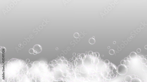 Realistic soap foam and bubbles. Transparent shampoo, liquid foams. Bubble flying, laundry or washing, wash and clean, foamy vector background