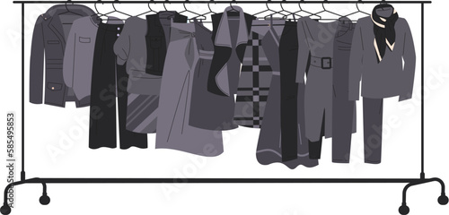 Stylish fashion black clothes on hanger. Flat dress, skirt and pants, jacket and scarf. Female outfits, wardrobe vector style element