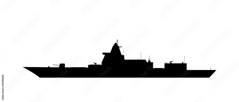 Warship black shape isolated on a white background. Naval ship silhouette from the side view. Warship black shape isolated on a white background. Naval ship silhouette from the side view.