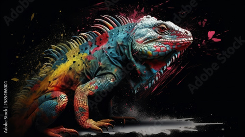 Colorful Iguana Covered in Vibrant Powder Splash on Dark Background. A Dazzling Display of Nature s Beauty. Generative AI