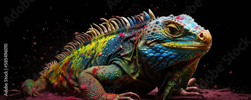 Colorful Iguana Covered in Vibrant Powder Splash on Dark Background. A Dazzling Display of Nature's Beauty. Generative AI © Bartek