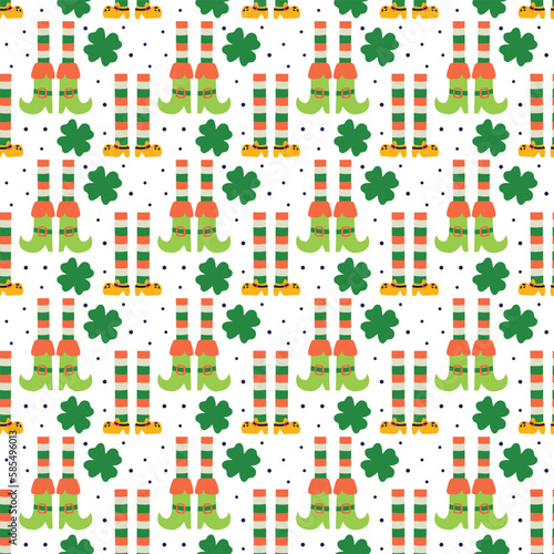 Saint Patrick's Day vector seamless pattern with leprechaun shoe legs clover. Irish background for print, textile, wrapping paper, fabric