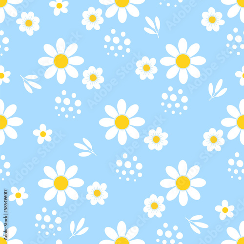 Chamomile seamless pattern. Daisy girl print, springtime flowers trendy fabric texture. Decorative spring summer flower, nowaday vector background