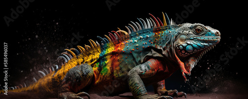 Colorful Iguana Covered in Vibrant Powder Splash on Dark Background. A Dazzling Display of Nature's Beauty. Generative AI