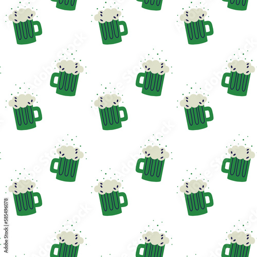 Saint Patrick's Day vector seamless pattern with green ireland beer. Irish background for print, textile, wrapping paper, fabric