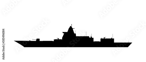 Warship black shape isolated on a white background. Naval ship silhouette from the side view.